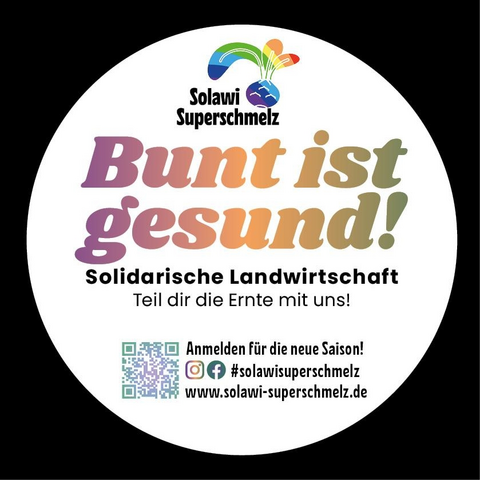 Sticker der Solawi mit dem Text
Solawi Superschmelz - Bunt ist gesund!

Solidarische Landwirtschaft - Teile dir die Erne mit uns
