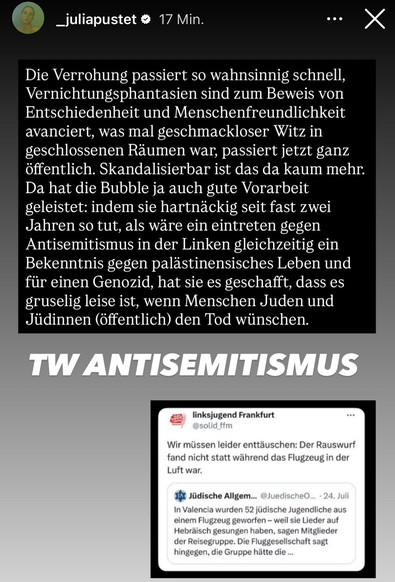 Screenshot von Julia Pustet.

Die eigentliche Meldung der jüdischen Allgemeinen lautet:
"In Valencia wurden 52 jüdische Jugendliche aus einem Flugzeug geworfen - weil sie Lieder auf Hebräisch gesungen haben, sagen Mitglieder der Reisegruppe. Die Fluggesellschaft sagt hingegen, die Gruppe hätte die ..."

Die Linksjugend Frankfurt kommentiert den Bericht mit den Worten:
"Wir müssen leider enttäuschen: Der Rauswurf fand nicht statt während das Flugzeug in der Luft war."

Diesen offensichtlichen An…
