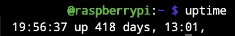 Screenshot einer SSH Shell mit dem Text
raspberrypi:  uptime
 up 418 days